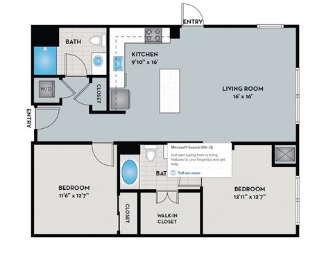 Floor plan for 2 beds, 2 baths, 1135 sqft